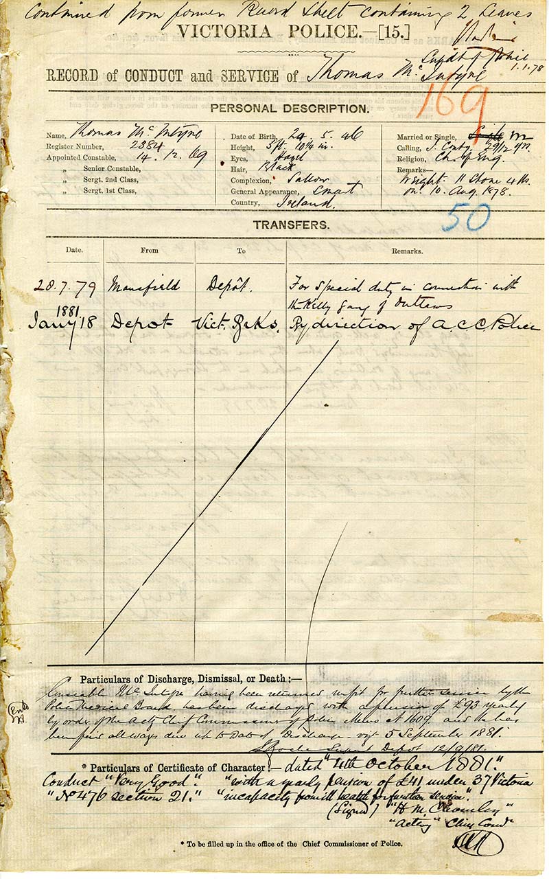 Photo of Constable Thomas McIntyre's record of police service from 1881 